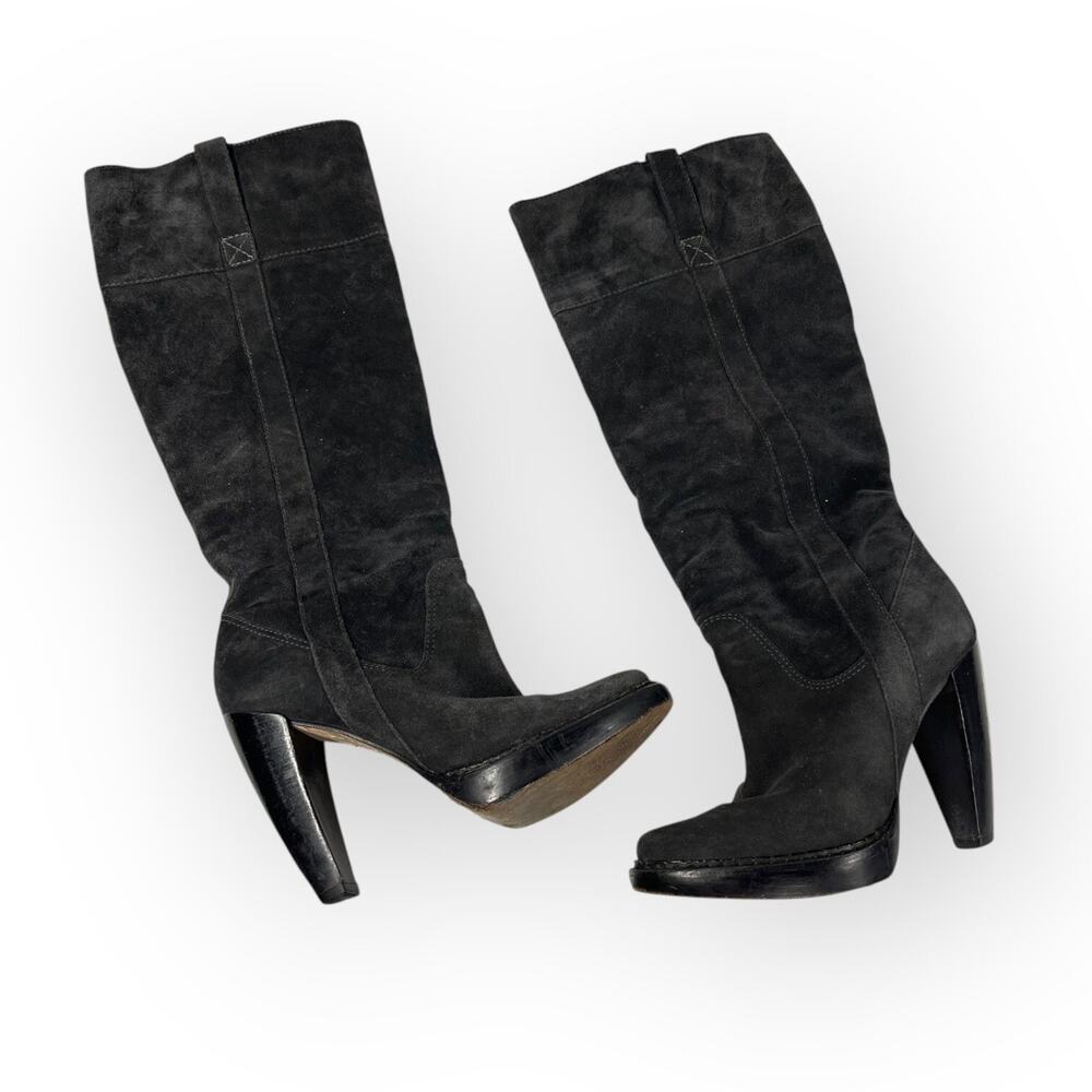 Michael Kors Gray Suede Leather Boots Heels Wood 8 Pull On Knee Height